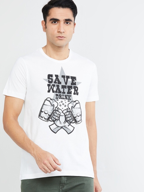 

max Men White Printed Round Neck T-shirt
