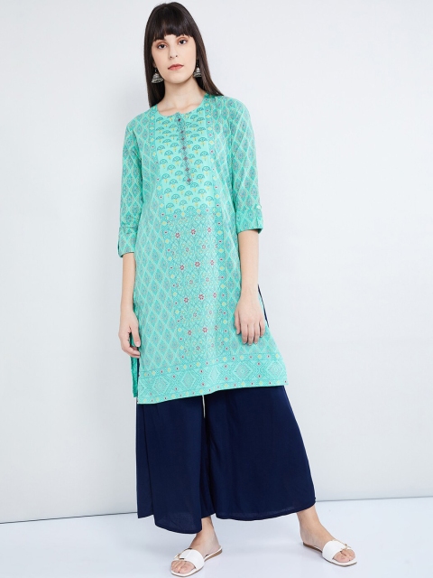 

max Women Sea Green Printed Straight Kurta