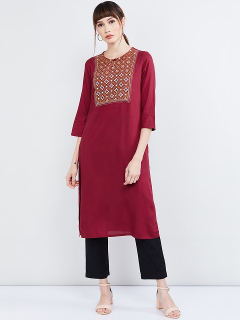 max Women Maroon & Yellow Yoke Design Straight Kurta