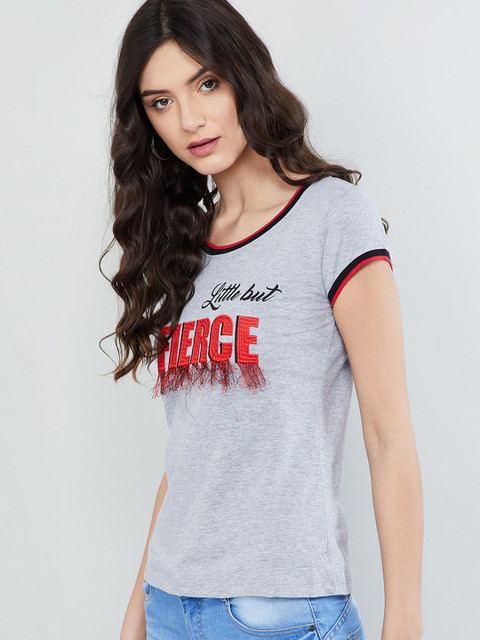 

max Women Grey Melange & Red Self Design Round Neck T-shirt
