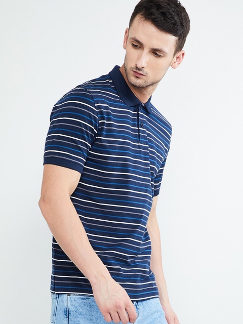 max Men Navy Blue Striped Polo Collar T-shirt