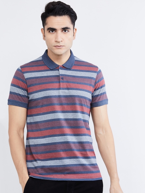

max Men Navy Blue & Red Striped Polo Collar T-shirt