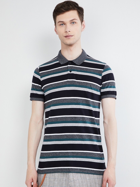 

max Men Charcoal Grey & Green Striped Polo Collar T-shirt