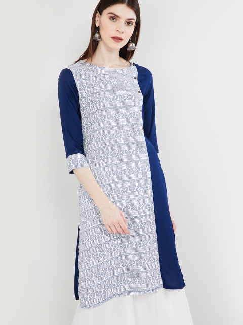 

max Women White & Navy Blue Printed A-Line Kurta