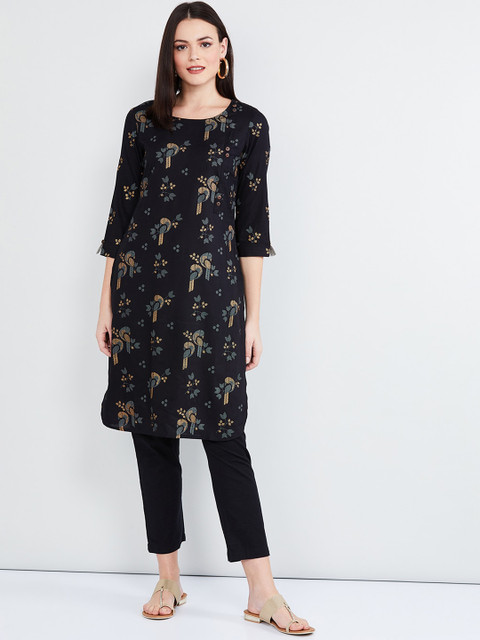 

max Women Black & Gold-Coloured Printed Straight Kurta
