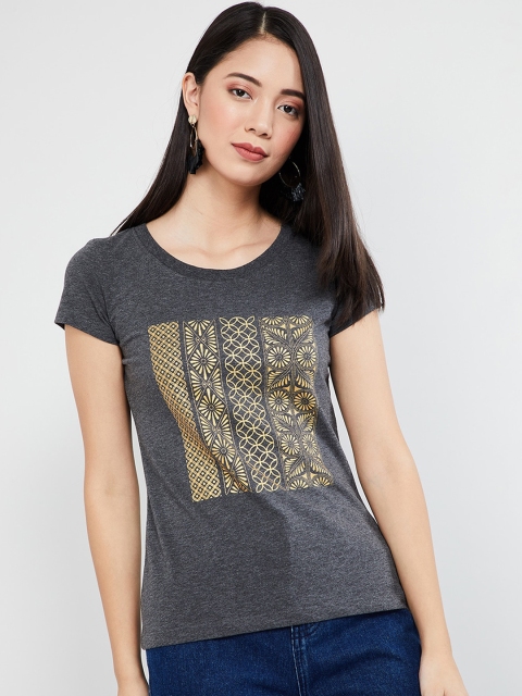 

max Women Grey & Gold Printed Round Neck T-shirt
