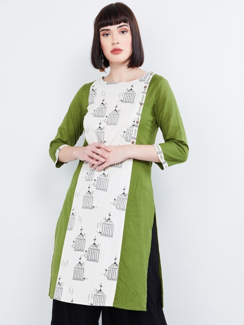 

max Women Green & White Printed Straight Kurta