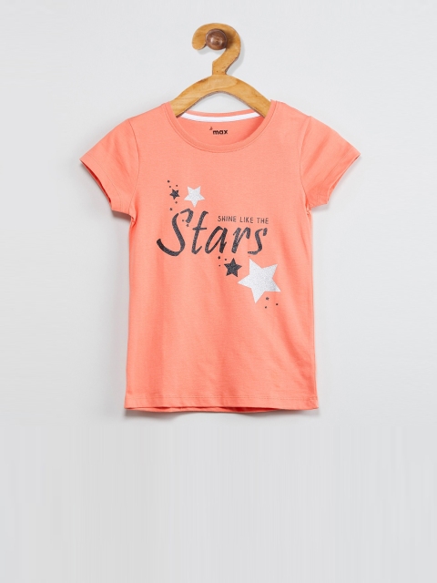 

max Girls Peach-Coloured Printed Round Neck T-shirt