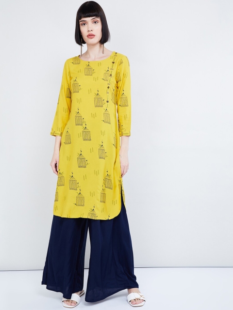 

max Women Mustard Yellow & Blue Printed Straight Kurta