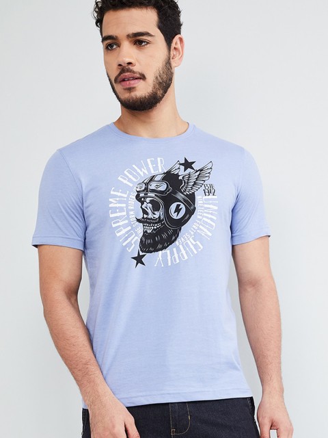 

max Men Lavender Printed Round Neck T-shirt
