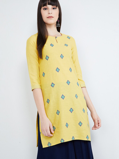 

max Women Yellow & Blue Floral Embroidered Straight Kurta
