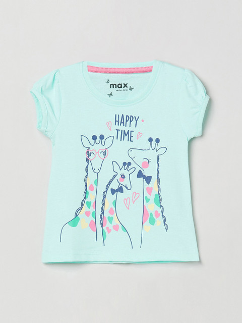 

max Girls Blue Printed Round Neck T-shirt