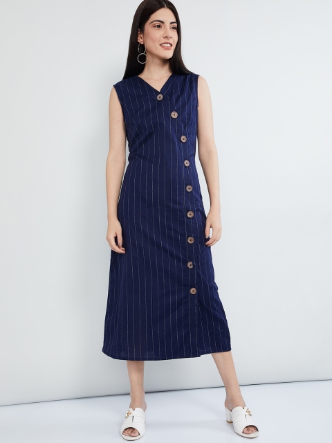 

max Women Navy Blue & Beige Striped Wrap Dress