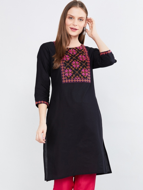 

max Women Black & Pink Embroidered Straight Kurta