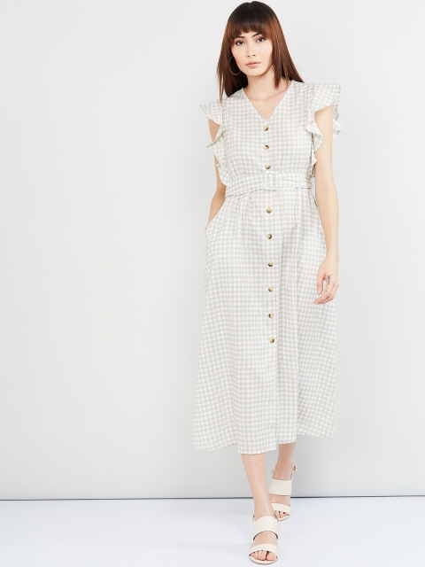 

max Women Beige & Black Checked Shirt Dress