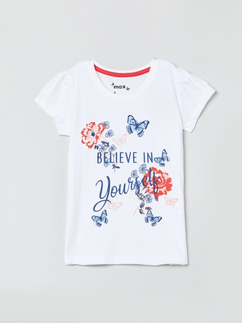

max Girls White & Blue Printed Round Neck T-shirt
