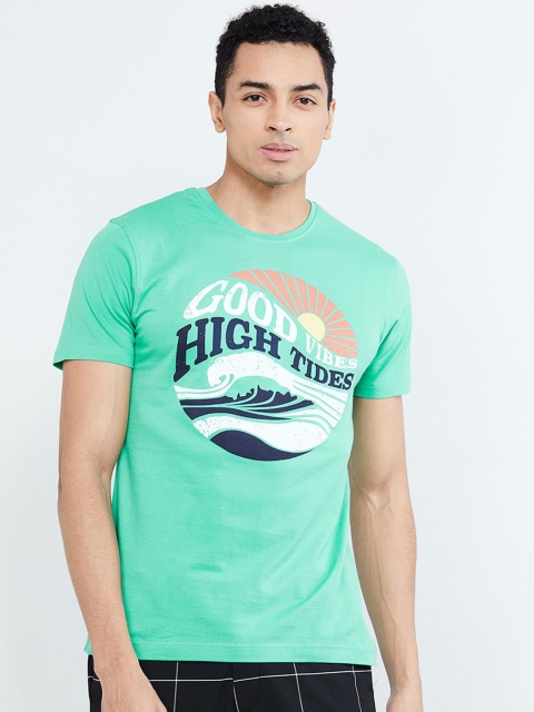 

max Men Sea Green Printed Round Neck T-shirt