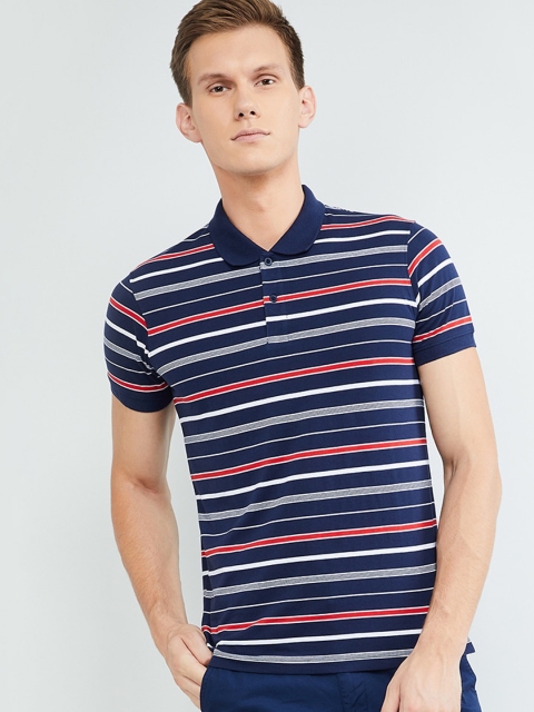 max Men Navy Blue & Pink Striped Polo Collar T-shirt