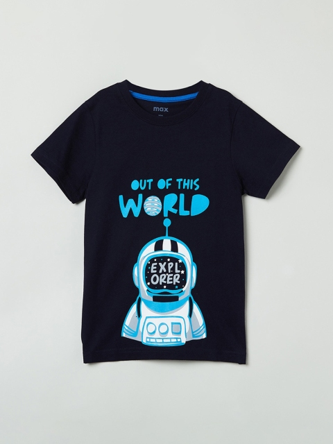 

max Boys Navy Blue Printed Round Neck T-shirt