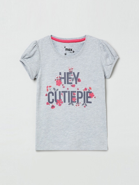 

max Girls Grey & Blue Floral Printed Round Neck T-shirt