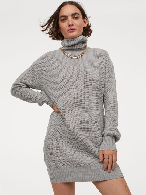 

H&M Women Grey Knitted Polo-Neck Dress