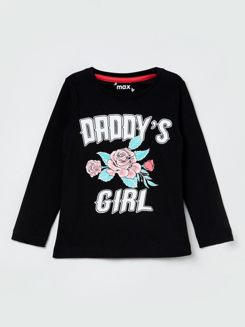 

max Girls Black Printed Round Neck T-shirt