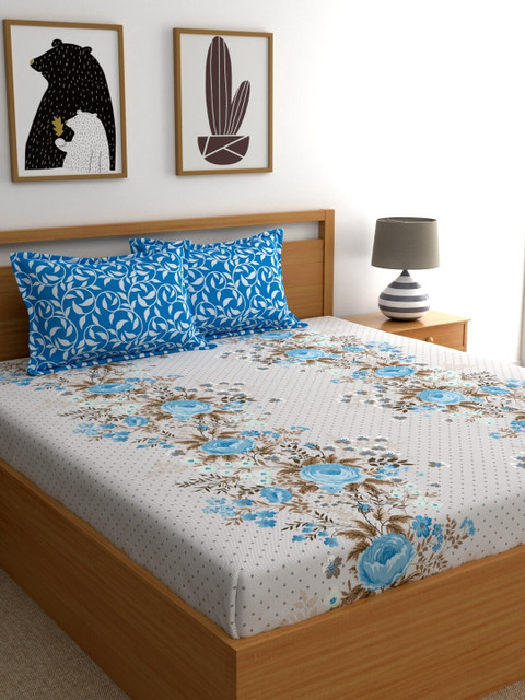 

Dreamscape Blue White Floral 180 TC Cotton 1 Queen Bedsheet with 2 Pillow Covers