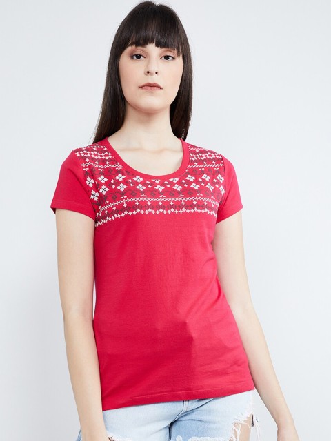 

max Women Coral Red Printed Round Neck T-shirt