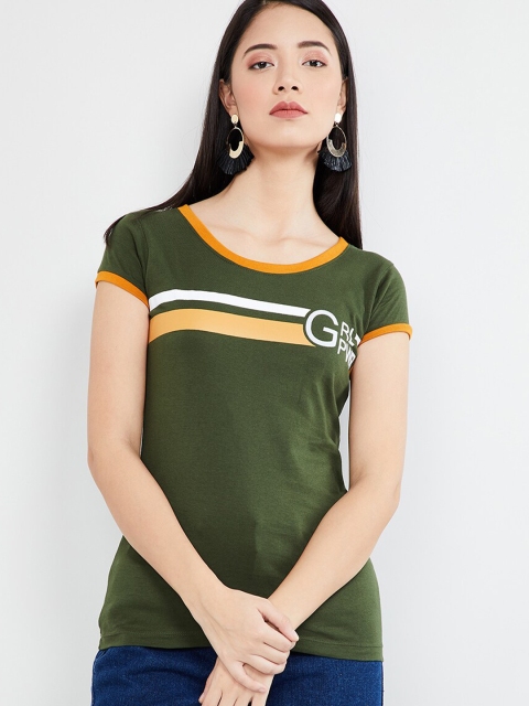 

max Women Olive Green Printed Round Neck T-shirt