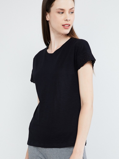 

max Women Black Solid Round Neck T-shirt with Schiffli Detail