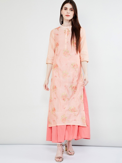 

max Women Coral & Gold Embroidered Straight Kurta