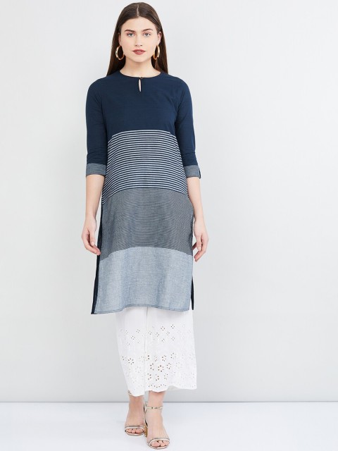 

max Women Navy Blue & White Striped Straight Kurta