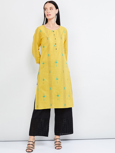 

max Women Mustard Yellow & Blue Embroidered Straight Kurta