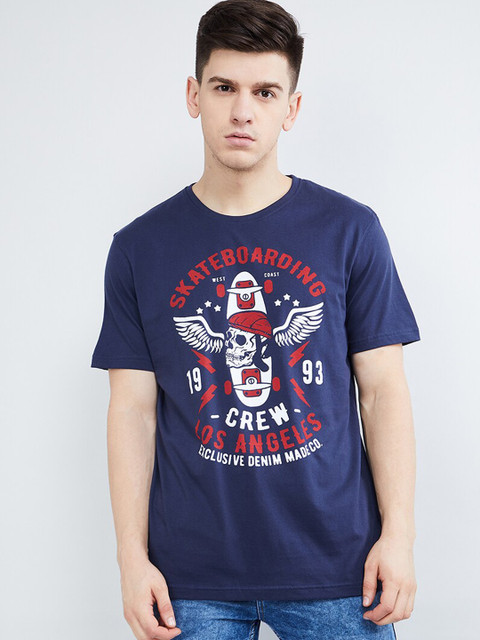 

max Men Navy Blue Printed Round Neck T-shirt
