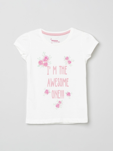 max Girls White Printed Round Neck T-shirt