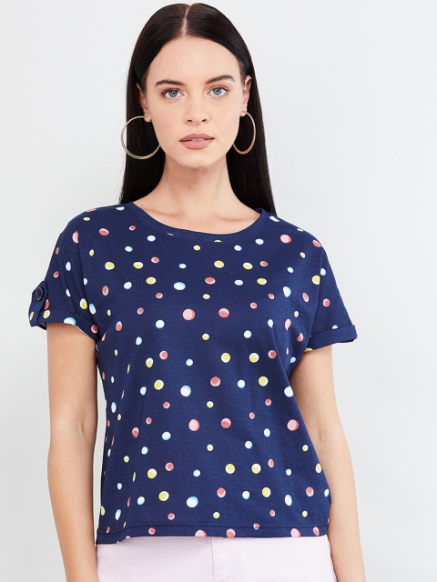 

max Women Navy Blue Printed Round Neck T-shirt
