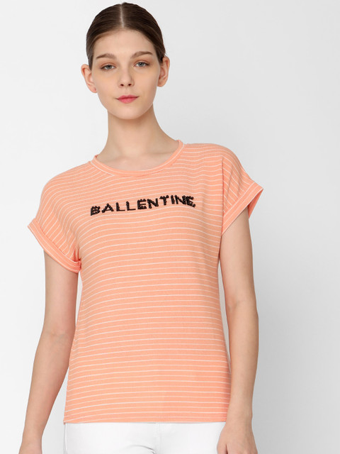 

Deal Jeans Women Peach-Coloured Striped Round Neck T-shirt