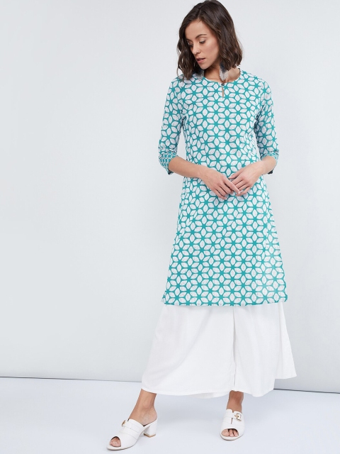 

max Women Turquoise Blue & White Printed Straight Kurta