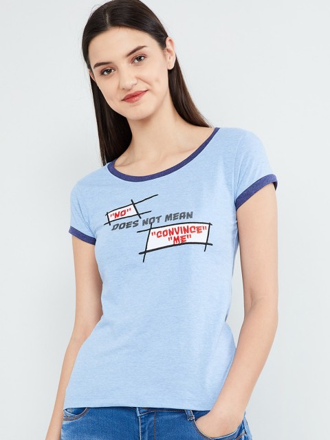 

max Women Sky Blue Printed Round Neck T-shirt