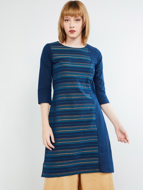 

max Women Navy Blue & Gold-Coloured Striped Straight Kurta