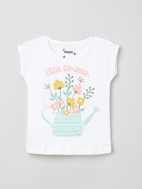 

max Girls White & Green Printed Round Neck T-shirt