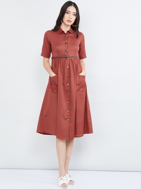 

max Women Rust Red Solid Shirt Dress