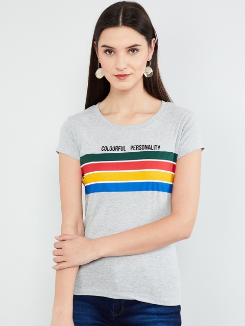 

max Women Grey Striped Round Neck T-shirt