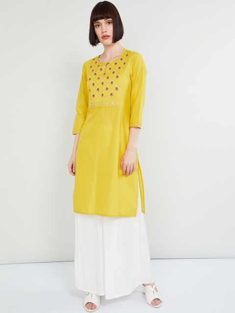 

max Women Yellow Yoke Design Straight Kurta