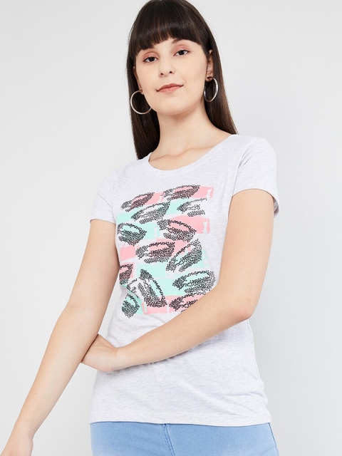 

max Women Grey Melange Printed Round Neck T-shirt