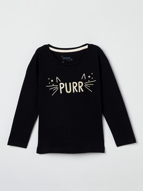 

max Girls Black Printed Round Neck T-shirt