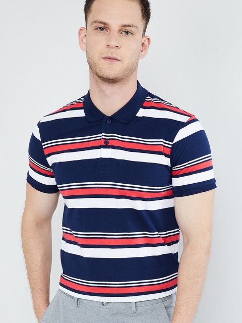 

max Men Blue & Red Slim Fit Striped Polo Collar T-shirt