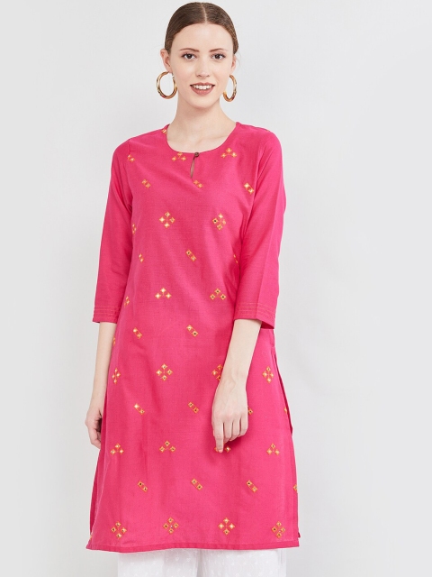 max Women Pink & Yellow Embroidered Straight Kurta