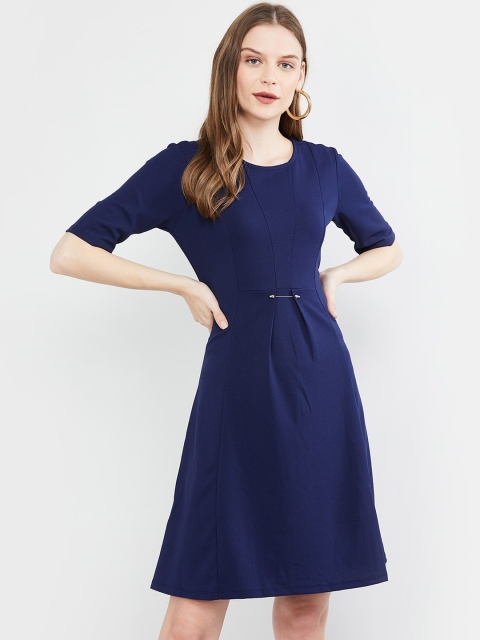 

max Women Navy Blue Solid Fit and Flare Dress