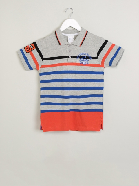 

max Boys Grey Melange & Blue Striped Polo Collar T-shirt
